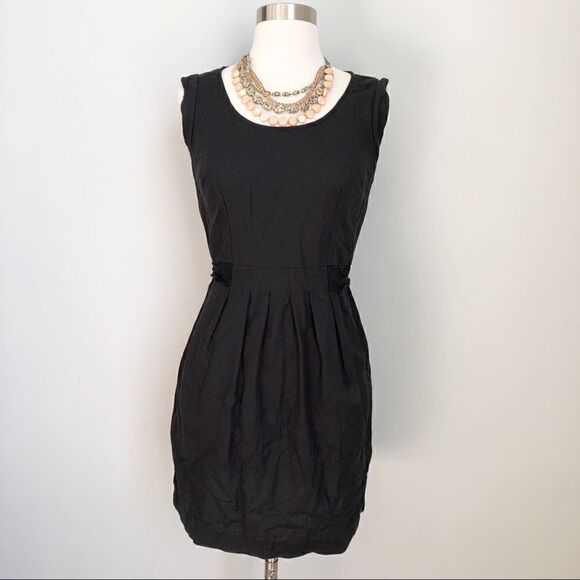 LOFT Black Linen Round Neck Waist Tie Belt Side Pockets Crew Neck Women’s Size 4 - Picture 1 of 7